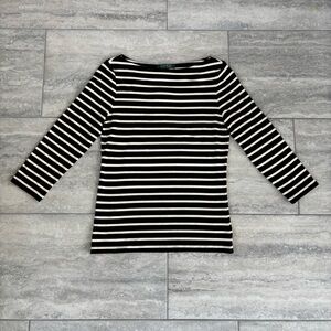 lauren ralph lauren womens Black Pearl Boat Neck 3/4 Sleeve Striped Top Size M